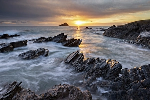 Devon Prints: Sunset over the Great Mewstone and Wembury Bay, Devon, England. Winter (January) 2025