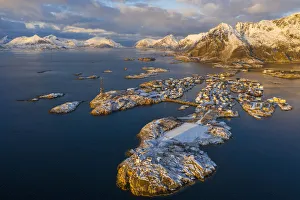 Sunset over Henningsvaer, Vagan, Austvagoy Nordland, Lofoten, Norway