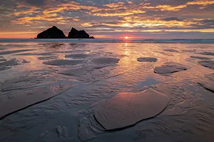 Holywell Bay Prints: Sunset over Holywell Bay on the North Cornish coast, Cornwall, England. Summer (July) 2018