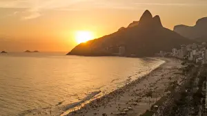 Sunset over Ipanema Beach and Dois Irmaos (Two Brothers) mountain, Rio de Janeiro