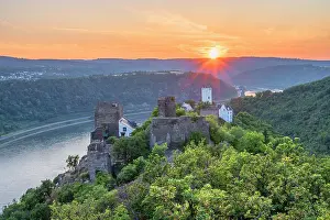 River Rhine Prints: Sunset above Liebenstein castle and Sterrenberg castle