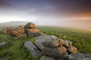 Images Dated 25th February 2015: Sunset and misty conditions on the moorland near Haytor, Dartmoor National Park, Devon