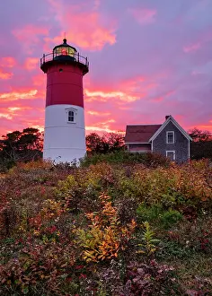 Autumn Leaf Prints: Sunset from Nauset Beach Lighthouse on Cape Cod, Eastham, Massachusetts, USA