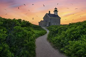 Beacon Prints: Sunset at North Light with swooping gulls, Block Island, Rhode Island, USA