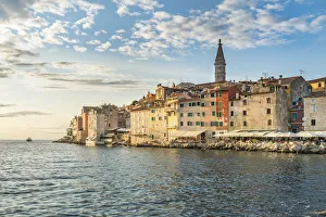 Sunset behind the old town in summer. Rovinj, Istria county, Croatia