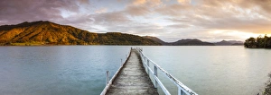 Serene Landscape Prints: Sunset over picturesque wharf in idyllic Kenepuru Sound, Marlborough Sounds, South Island