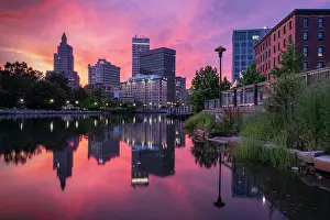 Michael Blanchette Prints: Sunset over Providence River with city reflection, Providence, Rhode Island, USA