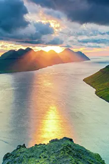 Klaksvik Prints: Sunset reflected in the fjord surrounded by Klakkur mountain and Kunoy island