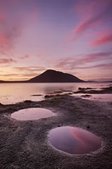 Pink Gallery: Sunset reflected in lake near Blautaver, Landmannalaugar, Iceland