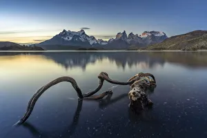 Andes Collection: Sunset reflection of the Paine range peaks on Lake Pehoa
