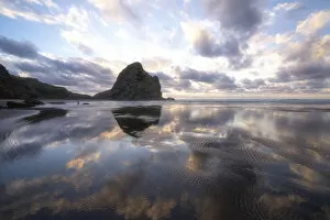 Images Dated 4th November 2019: Sunset reflections at Piha Beach, Auckland, New Zealand
