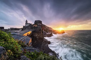 Sunset on the San Pietro Church from the terrace of the mills, municipality of Portovenere, La Spezia province, Liguria, Italy