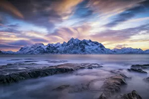 Images Dated 7th February 2018: Sunset Sky over Flakstad, Lofoten Islands, Norway