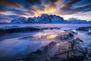 Images Dated 7th February 2018: Sunset Sky over Flakstad, Lofoten Islands, Norway