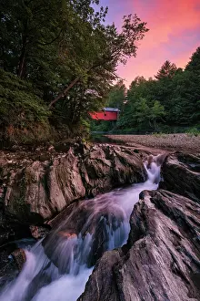 Timber Prints: Sunset over Slaughter House Covered Bridge and Dog River, Northfield, Vermont, USA