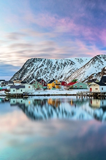 Finnmark Prints: Sunset over snowy mountains and colorful cabins