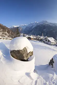 Grisons Prints: Sunset on the snowy village of Soglio canton of Graub√ºnden Maloja District Bregaglia Valley Engadine Switzerland