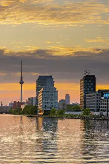 Tv Tower Prints: Sunset over the Spee River with the TV Tower (Berliner Fernsehturm) from the Oberbaum Bridge