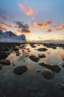 Sunset at Unstad Beach in winter. Vestvagoy municipality, Nordland county, Northern