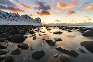 Nordland County Prints: Sunset at Unstad Beach in winter. Vestvagoy municipality, Nordland county, Northern