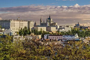 Royal Palace Collection: Sunset view over Almudena Cathedral and Royal Palace, Madrid, Spain