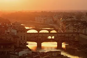 Florence Prints: Sunset view over the River Arno and Ponte Vecchio bridge