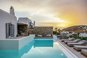 Mykonos Prints: Sunset over Villa Pool, Mykonos, Greece, Europe