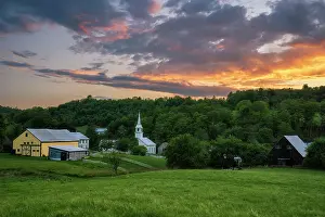 Township Prints: sunset over village and white-steeple church, East Corinth, Vermont, USA