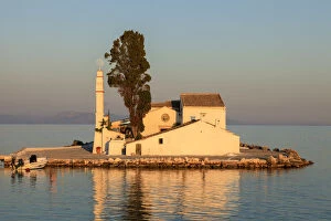 Corfu Gallery: Sunset on Vlacherna Monastery and the Church of Pantokrator on Mouse Island, Kanoni