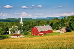 Michael Blanchette Prints: Sunset over white-steeple church and red barn, Green Mountains, Peacham, Vermont, USA