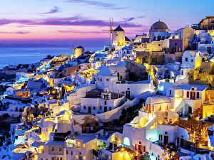 Agean Prints: Sunset behind Windmills and classic Greek Architecture