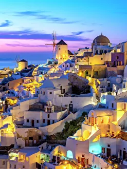 Santorini Prints: Sunset behind Windmills and classic Greek Architecture