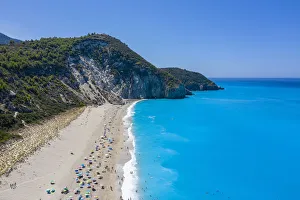 Sunshades on Milos Beach in summer. Agios Nikitas, Lefkada, Ionian Islands region
