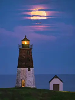 Super blue moon over Point Judith Lighthouse, Narragansett Bay, Point Judith, Rhode Island, USA