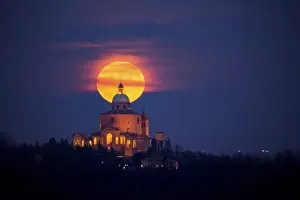 Emilia Prints: Supermoon rising over Monasero della Madonna di San Luca, Bologna, Italy