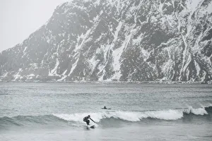 Fiord Prints: Surfers in Skagsanden Beach, Lofoten Islands, Nordland, Norway