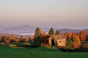 Timber Prints: Surnise at the A.M. Foster Bridge with fog, Green Mountains, Cabot, Vermont, USA