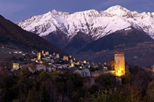 Georgia Prints: Svan defensive towers of Mestia at night, Mestia, Upper Svaneti (Zemo Svaneti), Georgia