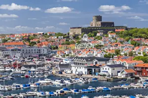 17th Century Prints: Sweden, Bohuslan, Marstrand, island town view with the 17th century Carlsten fortress