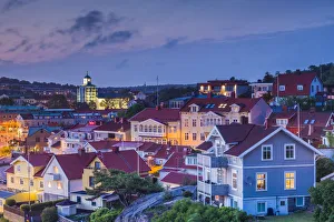 World Location Prints: Sweden, Bohuslan, Stromstad, high angle town view, dusk
