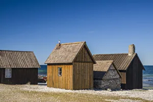 Faro Prints: Sweden, Faro Island, Kursviken, coastal farmers fishing shacks