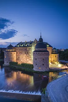 Sweden, Narke, Orebro, Orebro Slottet Castle, dusk, high angle view
