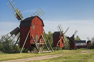 Sweden, Oland Island, Storlinge, antique wooden windmills