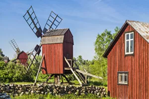 Images Dated 18th November 2019: Sweden, Oland Island, Storlinge, antique wooden windmills