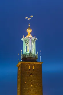 Government Prints: Sweden, Stockholm, Stockholm City Hall, dusk