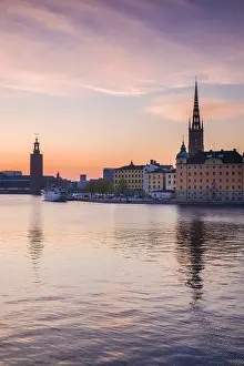 Government Prints: Sweden, Stockholm, Stockholm City Hall and Riddarholmskyrkan church, sunset