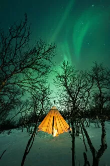 Images Dated 25th May 2022: Swedish Lapland, Abisko National Park. Northern Lights over a typical teepee in the forest