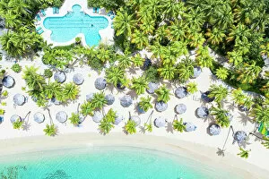 Crystal Collection: Swimming pool and parasols framed by palm trees on white sand of tropical beach from above