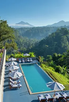 East Bali Prints: Swimming pool at Tapa Agung View Hotel with Mount Agung volcano (highest mountain in Bali) Bali
