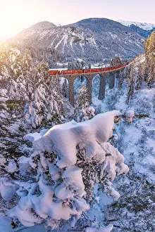 Railway Track Prints: Swiss red train traveling across the frozen forest covered with snow after a blizzard at dawn